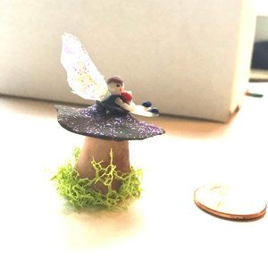 Mini Fairy Shroomie Magical Mushroom and Tiny Fairy Holding Flowers with Moss